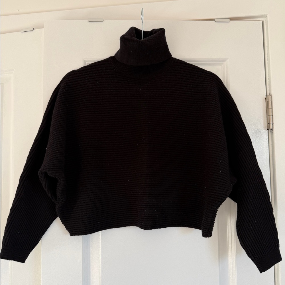 Mango Black Turtleneck Cropped Quarter-Sleeve Sweater